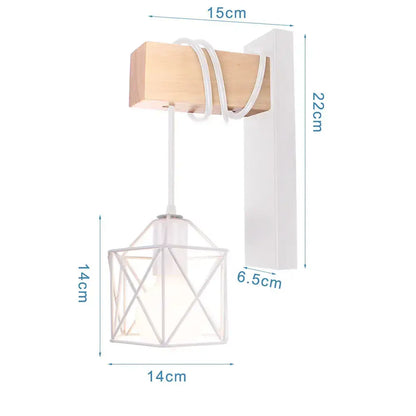 Modern geometric wall light with white metal cage shade and natural wood accent by decorbites led iron cage design