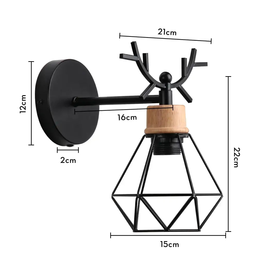 Black metal wall light with deer antler design wooden accent and geometric wire cage by decorbites led iron cage
