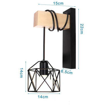 Black metal geometric decorbites led iron cage wall light with wooden mounting block and coiled cord for home decor
