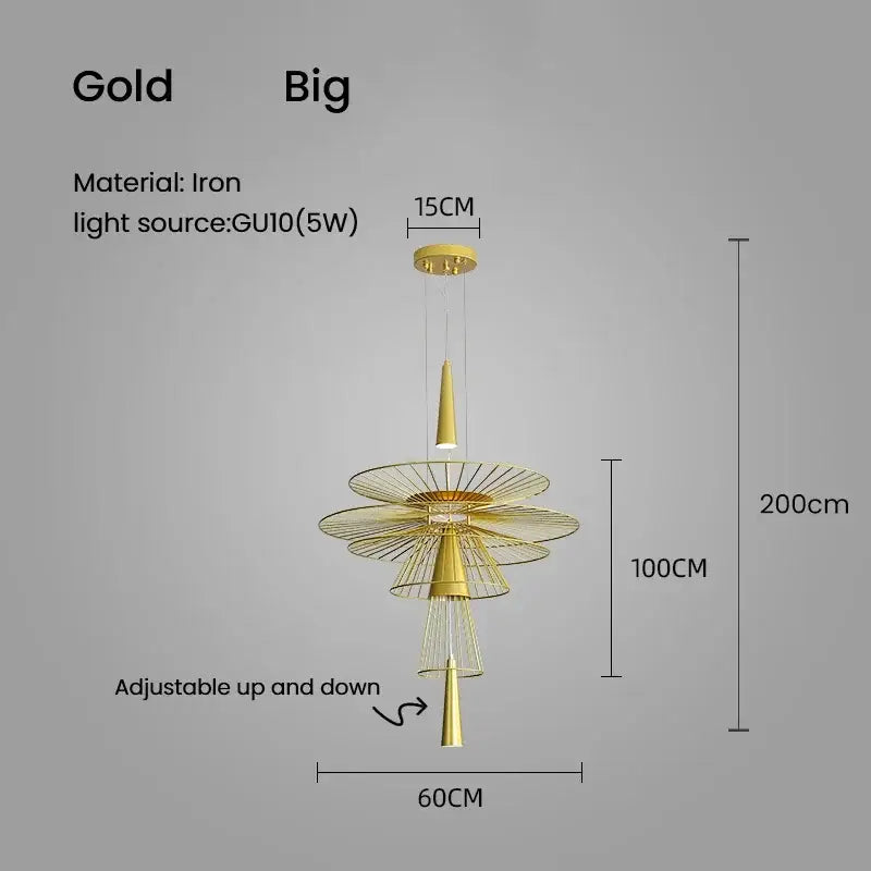 Gold decorbites led iron pendant chandelier with tiered radial design and cone-shaped elements for dining room lighting