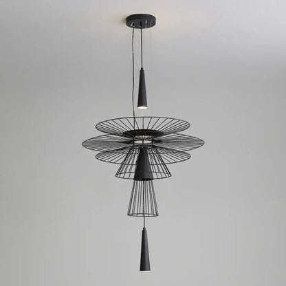 Black metal decorbites led iron pendant chandelier with tiered petal frames and conical lights for dining room