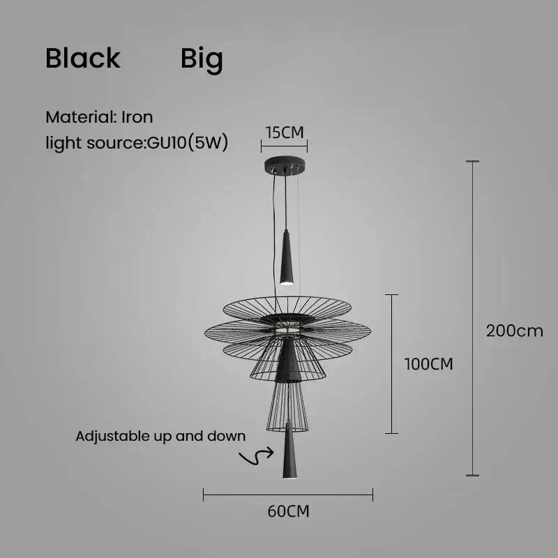 Black iron tiered radial wireframe decorbites led iron pendant chandelier with adjustable hanging height for dining room