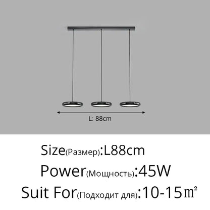 Modern black minimalist decorbites led iron pendant light with three circular fixtures on a sleek horizontal bar