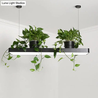 Black rectangular pendant light with integrated led illumination and two hanging planters providing warm white light