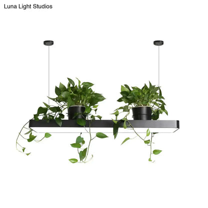 Black rectangular pendant light fixture with integrated warm white led illumination and two hanging acrylic planters