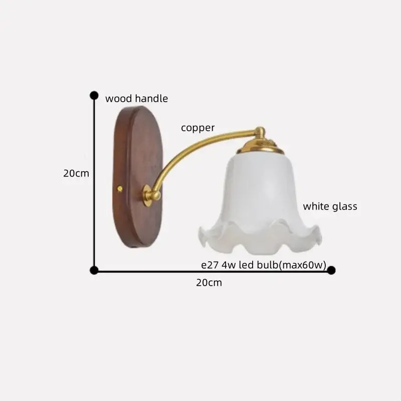 Vintage style decorbites led japanese wall lights with dark wood backplate copper arm and white glass shade for bedroom