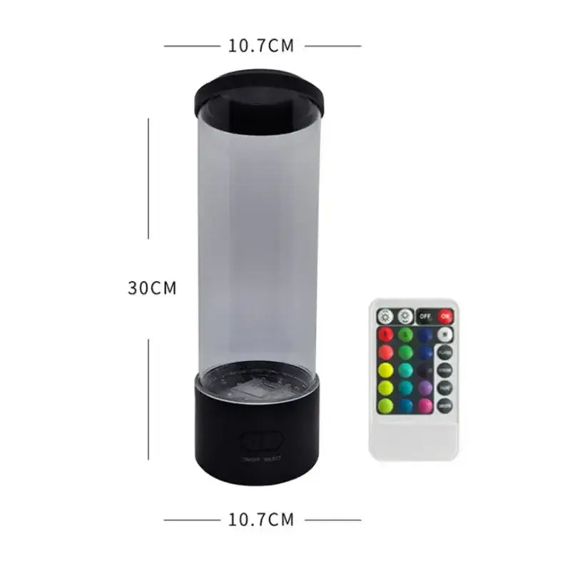 A sleek transparent decorbites led jellyfish lamp with black ends and colorful remote for customizable lighting