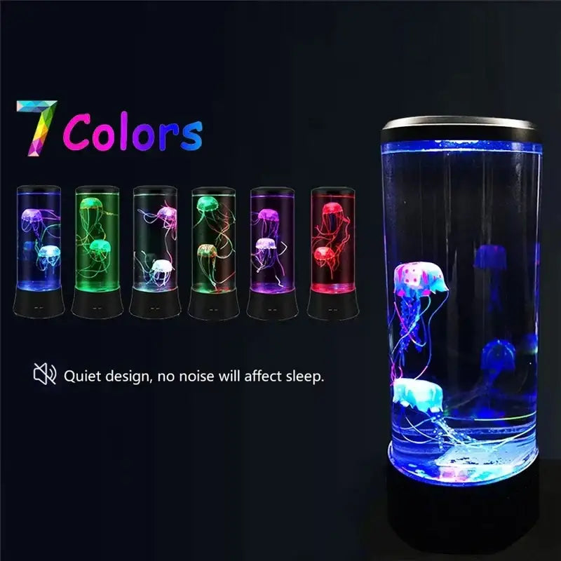 DecorBites LED jellyfish lamp with clear glass cylinder and black base features glowing blue jellyfish lamp color display