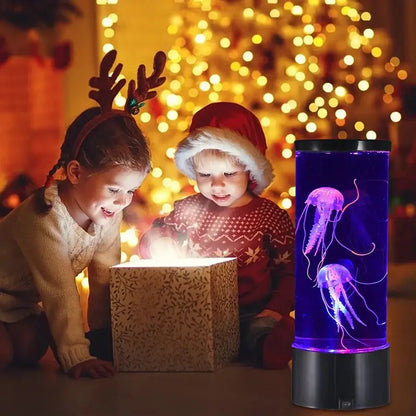 Decorbites led jellyfish lamp with a cylindrical blue body and glowing purple pink tentacles in black base aquarium mood light