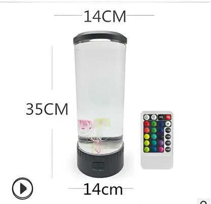 A 35cm tall decorbites led jellyfish lamp with black base and lid and colorful floating figurines in clear liquid