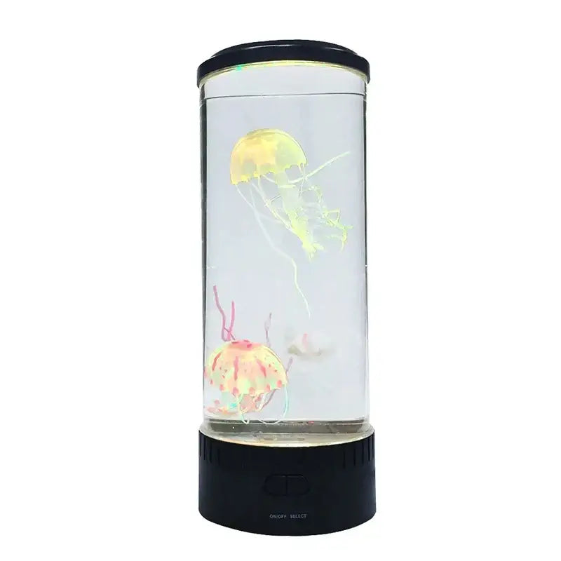 DecorBites led jellyfish lamp with cylindrical black base and lid featuring yellow and pinkish-orange jellyfish color changing