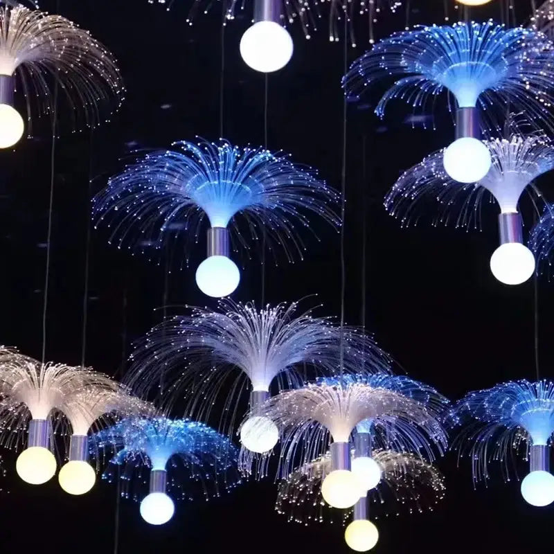 Decorbites led jellyfish lights featuring blue and white fiber optic chandeliers with glowing spherical bulbs for events