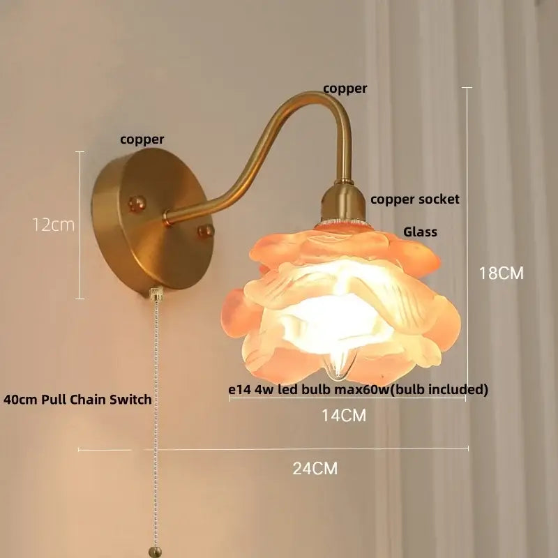 Copper wall lamp decorbites led jellyfish with delicate peach glass flower shade and pull chain switch modern nordic design