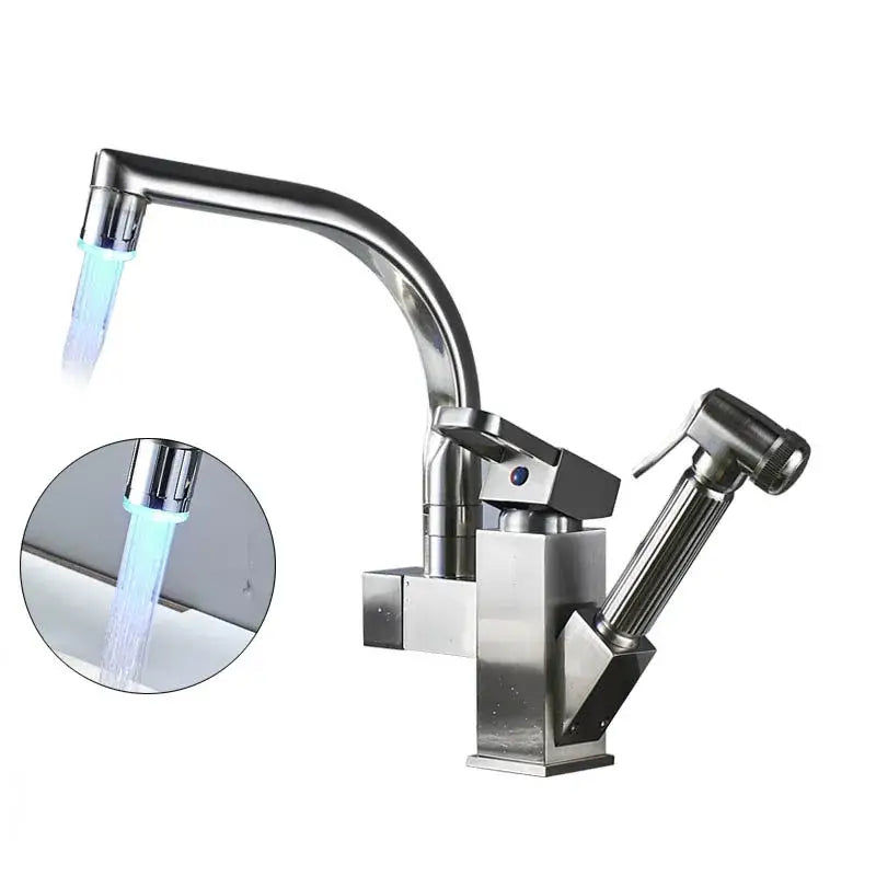 Modern stainless steel decorbites led kitchen faucet mixer with curved spout, swivel spouts, and integrated spray nozzle