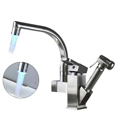 Modern stainless steel decorbites led kitchen faucet mixer with curved spout, swivel spouts, and integrated spray nozzle