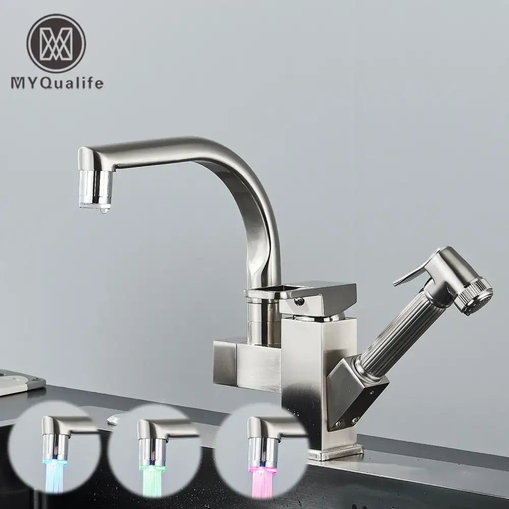 Stainless steel decorbites led kitchen faucet mixer with sleek modern design swivel spouts and pull-out spray nozzle