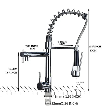 Chrome-finished decorbites led kitchen faucet with flexible gooseneck, black pull-down spray head, and single lever handle