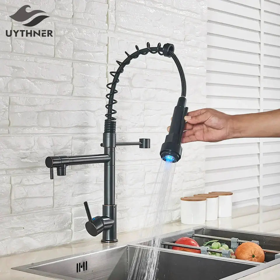 Black matte decorbites led kitchen faucet with flexible coiled hose pull-out spray head brass mixer tap for vessel sink