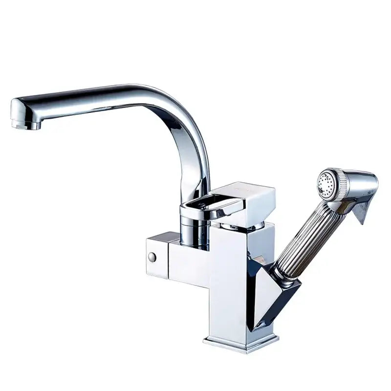 Modern chrome-finished decorbites led kitchen faucet with sleek angular design and pull out spray nozzle for hot cold water