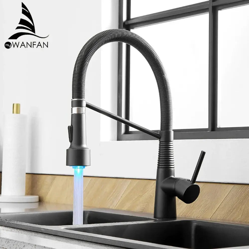 Black matte decorbites led kitchen faucet with flexible gooseneck spout blue led lighting pull-down spray head and lever handle