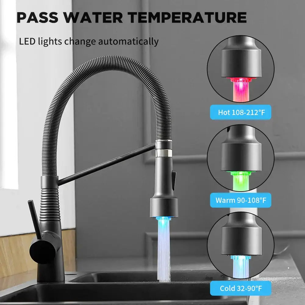 Black matte decorbites led kitchen faucet with flexible gooseneck spout and color-changing led water temperature lights