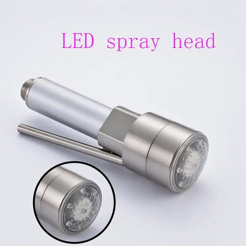 Stainless steel decorbites led kitchen faucet spray head with cylindrical body and color changing pull out nozzle