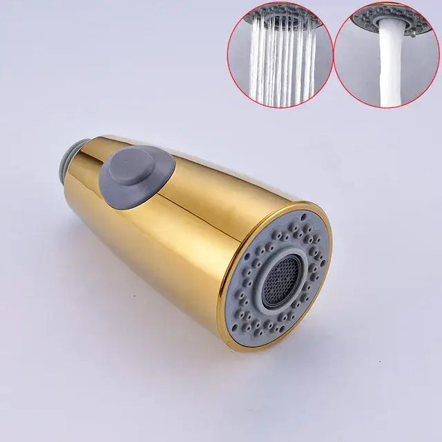 Gold-colored decorbites led kitchen faucet spray head with gray push-button and textured nozzle for adjustable water flow