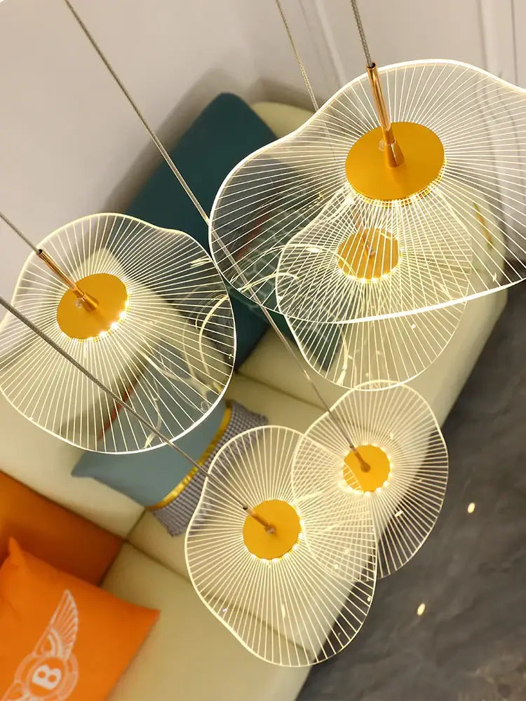 Modern white and gold decorbites led lotus leaf staircase chandelier with delicate wireframe design for hotel lobby and villa