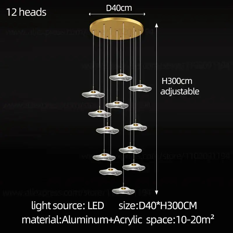 Gold-toned decorbites led lotus leaf staircase chandelier with 12 acrylic cloud-shaped lamp heads for modern spaces