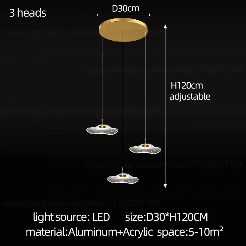Gold-toned aluminum decorbites led lotus leaf staircase chandelier with three cloud-shaped acrylic lights suspended by cords