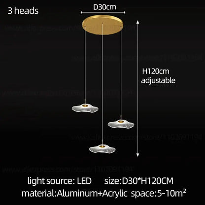 Gold-toned aluminum decorbites led lotus leaf staircase chandelier with three cloud-shaped acrylic lights suspended by cords