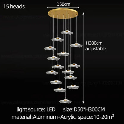 Gold-toned decorbites led lotus leaf staircase chandelier with 15 translucent acrylic cloud-shaped lights for modern spaces