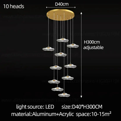 Gold-toned decorbites led lotus chandelier with ten cloud-shaped acrylic lamps suspended on aluminum base for modern lighting