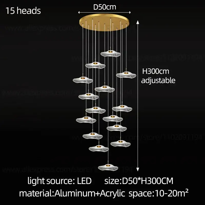 Gold-toned DecorBites LED Lotus chandelier with 15 translucent acrylic cloud-shaped lights for modern staircase lighting