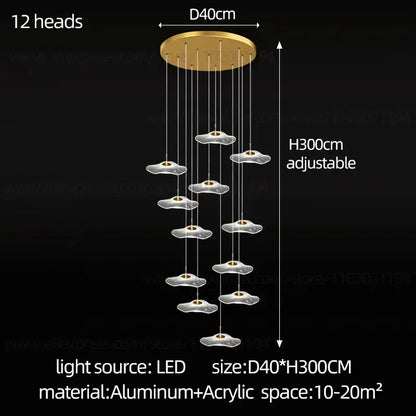 Gold-toned decorbites led lotus chandelier with 12 cloud-shaped acrylic heads and aluminum base for modern lighting