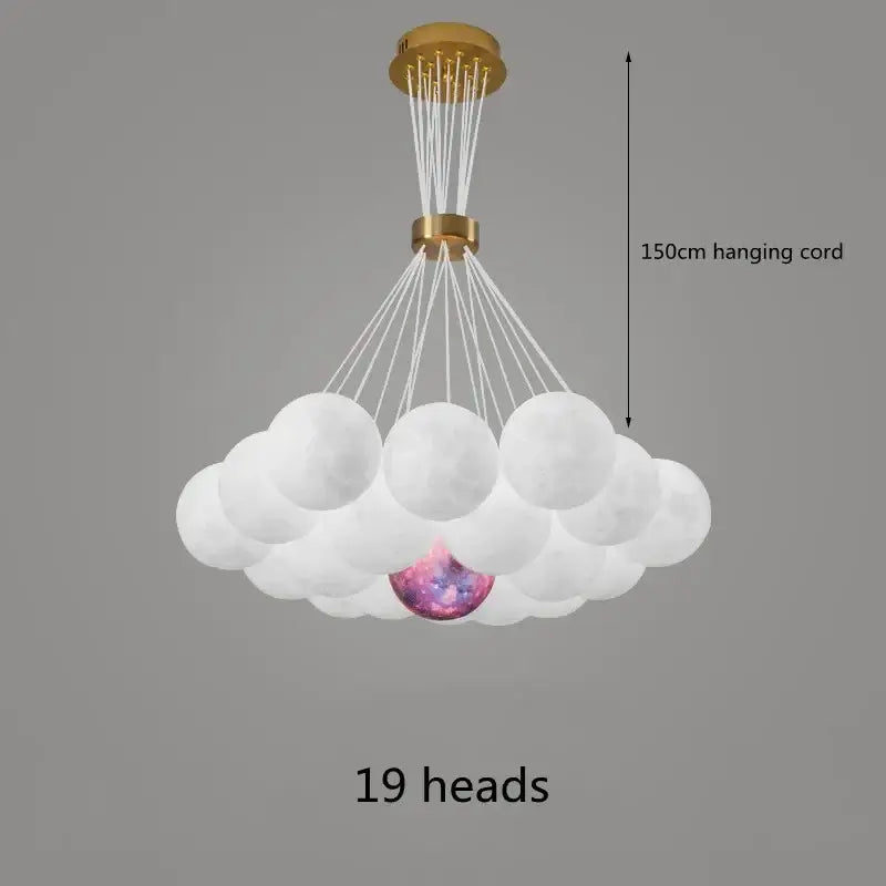 A decorbites led lunar ceiling chandelier with 19 frosted white lights and a cosmic orb for elegant home decor