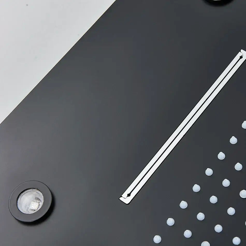 A sleek matte black decorbites led luxury shower head with white ceramic nozzles and 304 stainless steel material