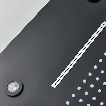 A sleek matte black decorbites led luxury shower head with white ceramic nozzles and 304 stainless steel material