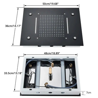 Black rectangular decorbites led luxury shower head panel with perforations and white base housing plumbing components