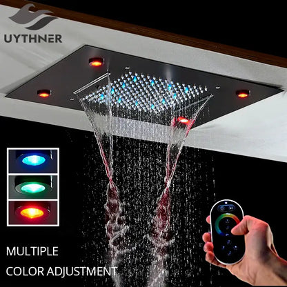 Black rectangular shower head with integrated led lights and waterfall design decorbites led luxury 304sus stainless steel
