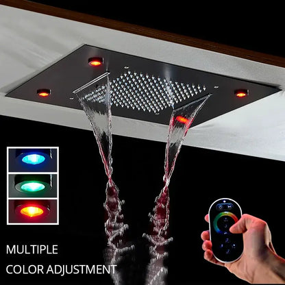 Black rectangular decorbites led luxury shower head with two waterfall streams and color adjustable embedded leds