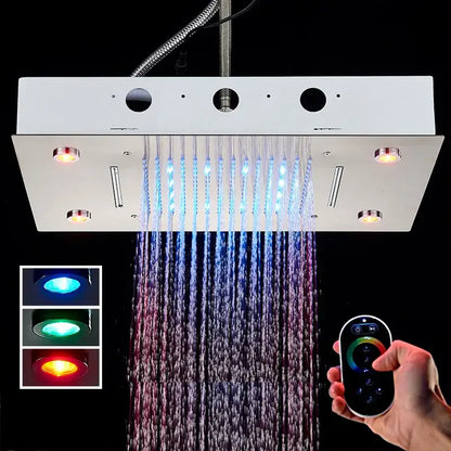 Modern rectangular shower head with blue green and red led lighting decorbites led luxury 304sus ceiling embedded rainfall