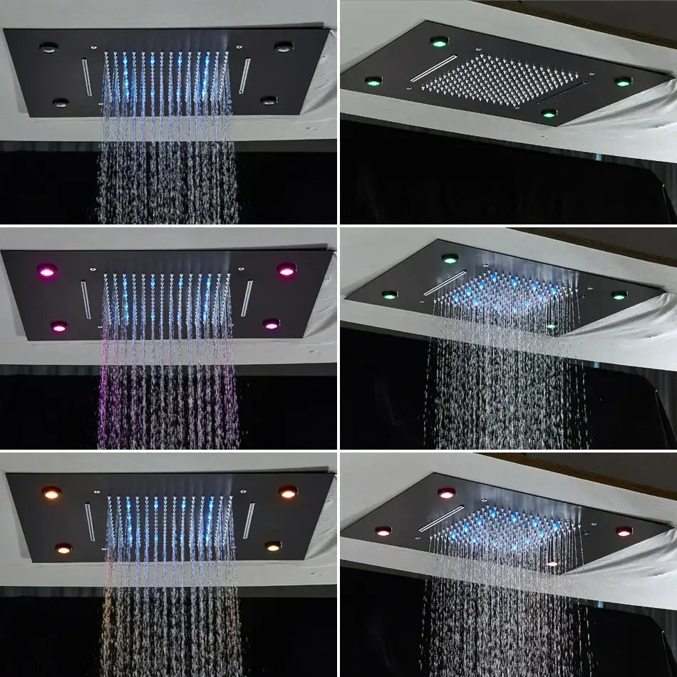Black rectangular decorbites led luxury shower head with led lights and adjustable water flow patterns 304sus steel