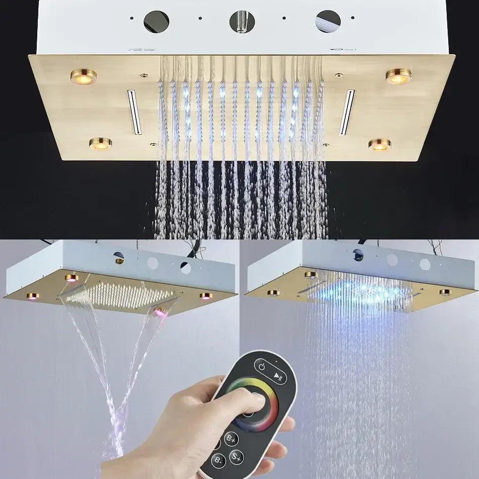 Modern rectangular shower head with gold and white finish and led lighting by decorbites led luxury 304SUS material
