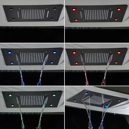 Black rectangular decorbites led luxury shower head with multiple water jets and colorful led lighting 304sus material