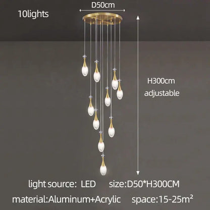 Gold-toned decorbites led luxury chandelier with ten teardrop led lights on adjustable aluminum acrylic fixture