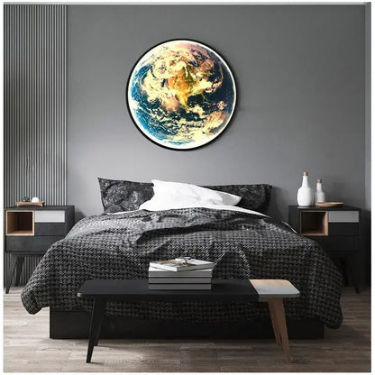 Circular framed decorbites led luxury earth wall lamp featuring vibrant swirling blues and golds for living room decoration