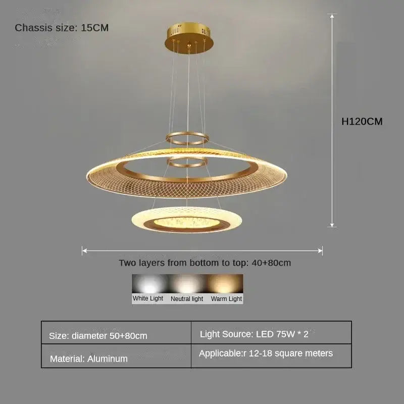 Modern gold-toned aluminum DecorBites led luxury ring chandelier with layered circular rings and mesh design for living room