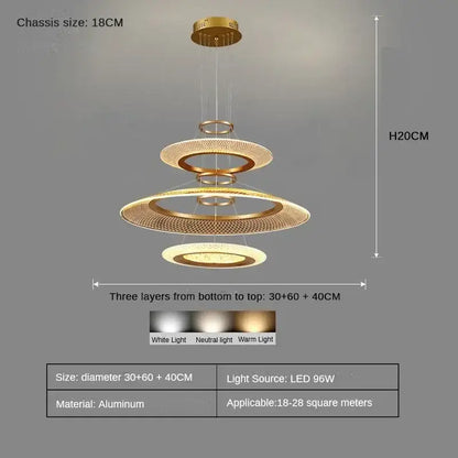 Gold-toned aluminum decorbites led luxury ring chandelier with three mesh circular layers and led lighting for living room decor
