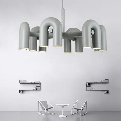 Modern gray metallic decorbites led macaron pendant chandelier with curved pipe-like arms and integrated led lighting